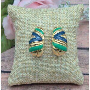 VTG Retro Earrings Large Gold Tone Swirl Enamel Blue & Green Pierced Statement